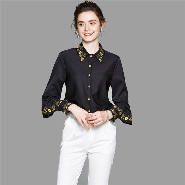 CM-TF072110 Women Casual European Style Floral Embroidery Puff Sleeve Blouse - Black
