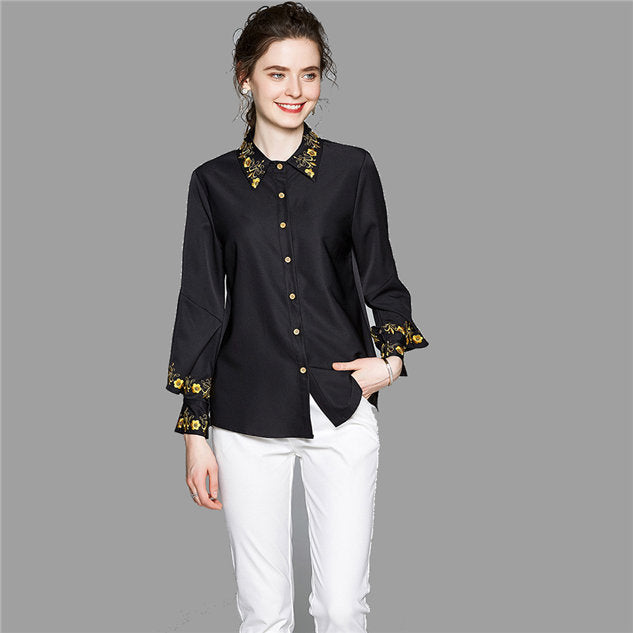 CM-TF072110 Women Casual European Style Floral Embroidery Puff Sleeve Blouse - Black