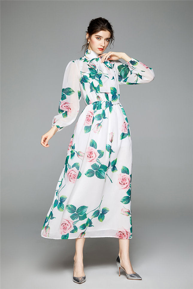 CM-DF072420 Women Charming European Style Tie Collar Floral Chiffon Maxi Dress