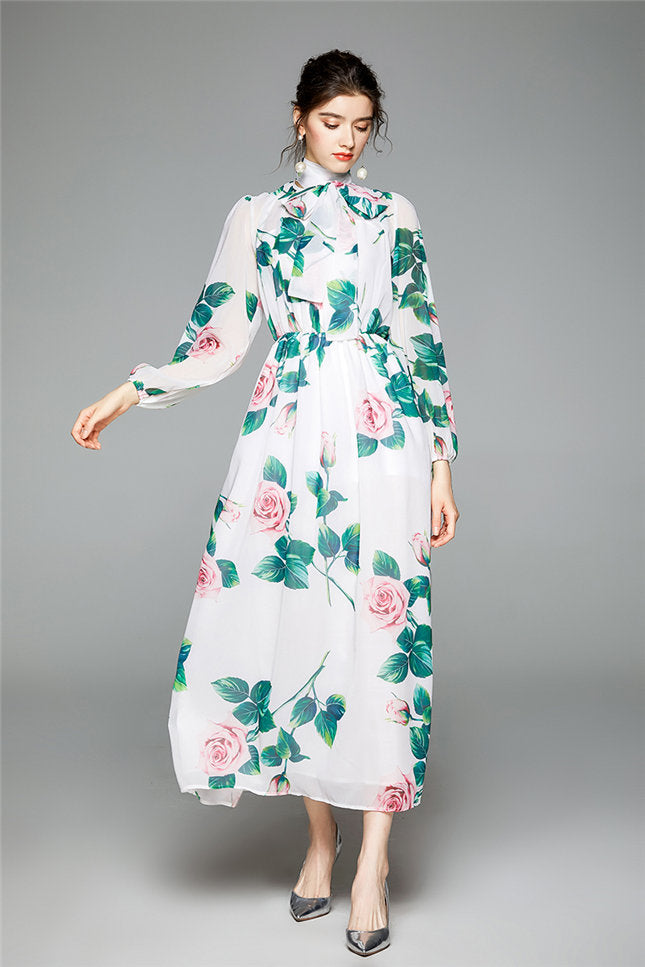 CM-DF072420 Women Charming European Style Tie Collar Floral Chiffon Maxi Dress