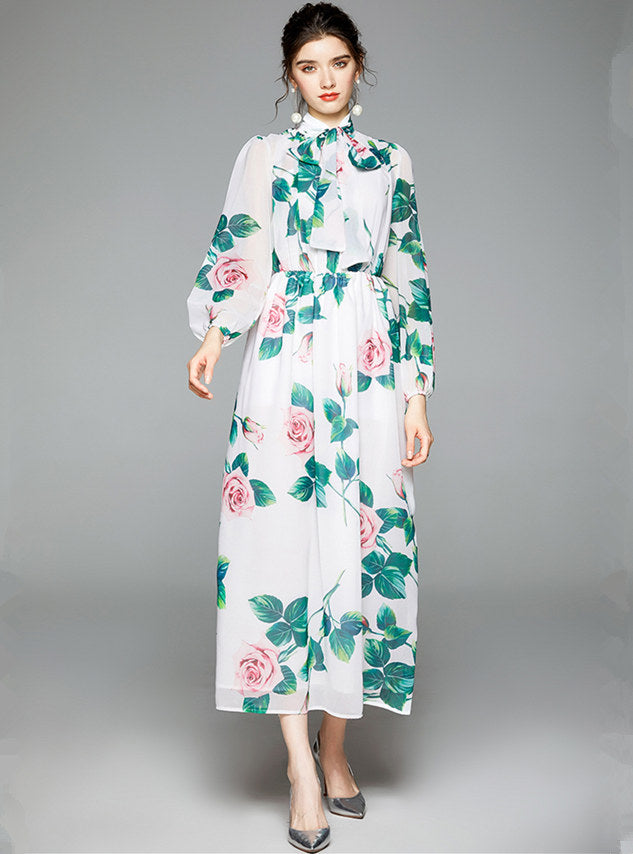 CM-DF072420 Women Charming European Style Tie Collar Floral Chiffon Maxi Dress