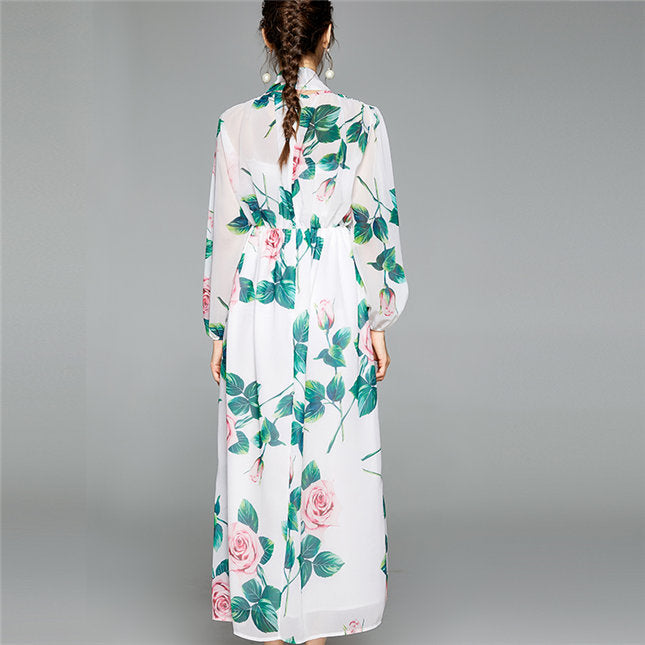 CM-DF072420 Women Charming European Style Tie Collar Floral Chiffon Maxi Dress