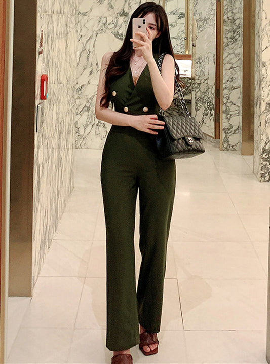 CM-JF072903 Women Casual Seoul Style Double-Breasted V-Neck Tank Long Jumpsuit - Green