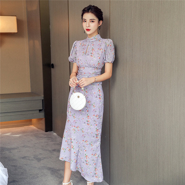 CM-SF073016 Women Lovely Seoul Style High Waist Floral Fishtail Slim Dress Set