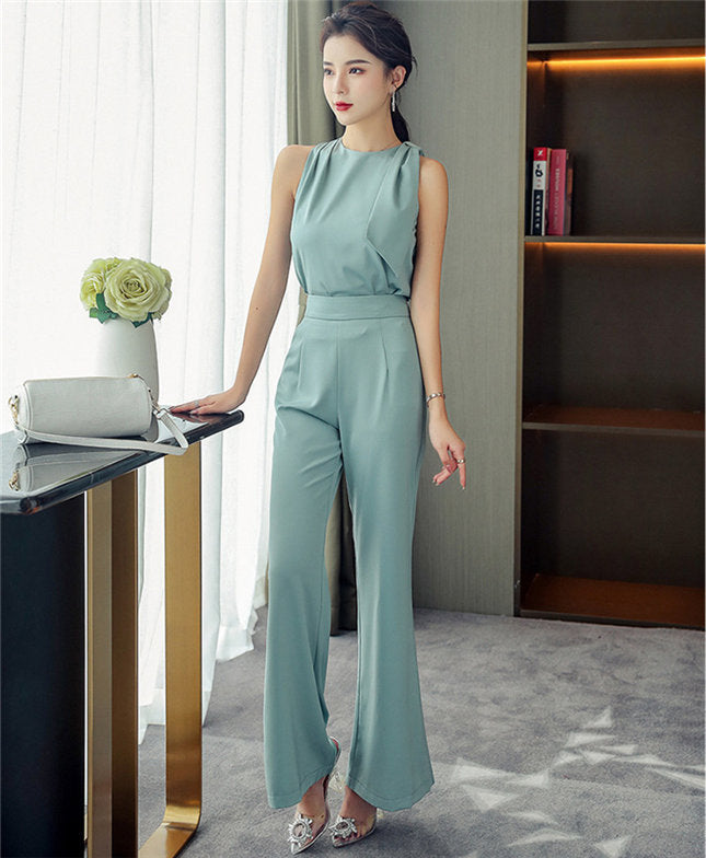CM-SF073017 Women Casual Seoul Style Tie Shoulder Blouse With Wide-Leg Long Pants - Set