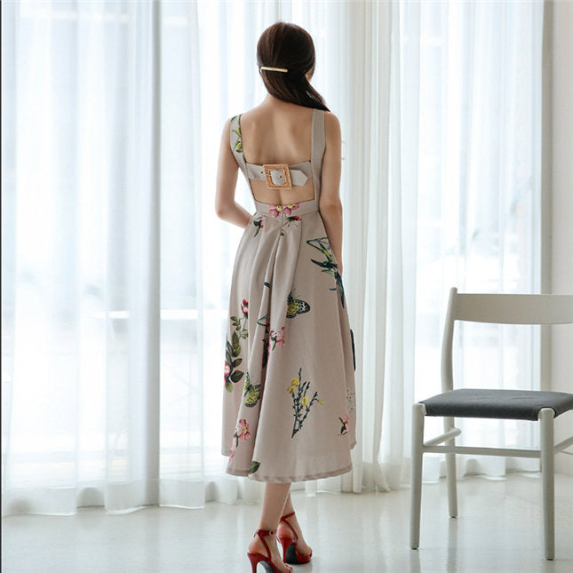 CM-DF073018 Women Casual Seoul Style Backless Floral Straps Long Dress