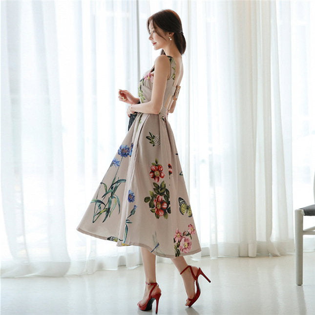 CM-DF073018 Women Casual Seoul Style Backless Floral Straps Long Dress