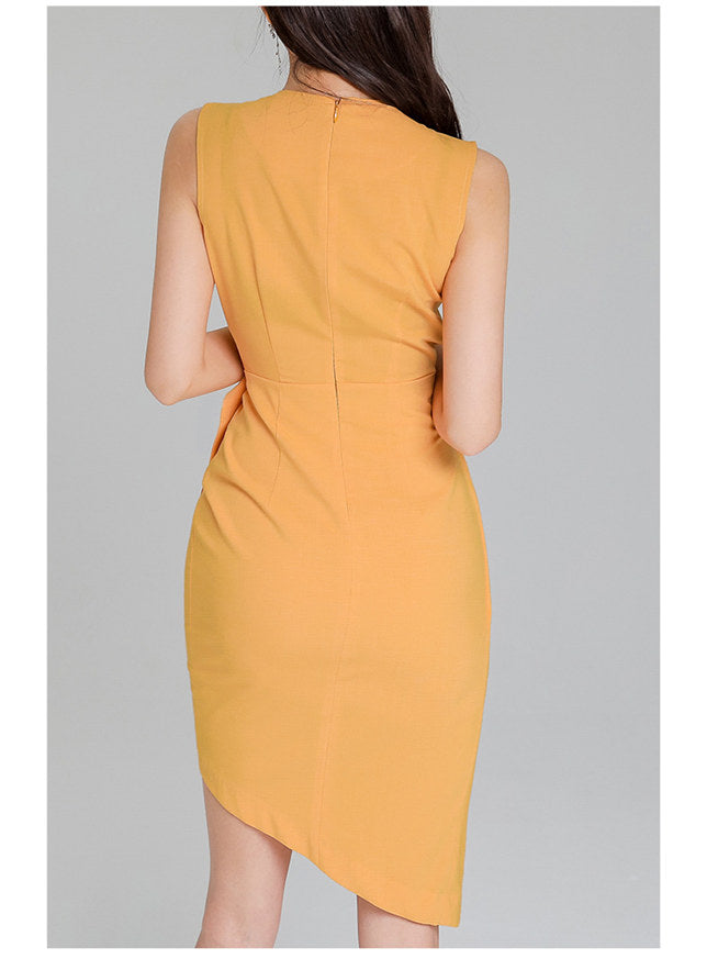 CM-DF073019 Women Casual Seoul Style V-Neck Buckle Fitted Waist Tank Dress - Yellow