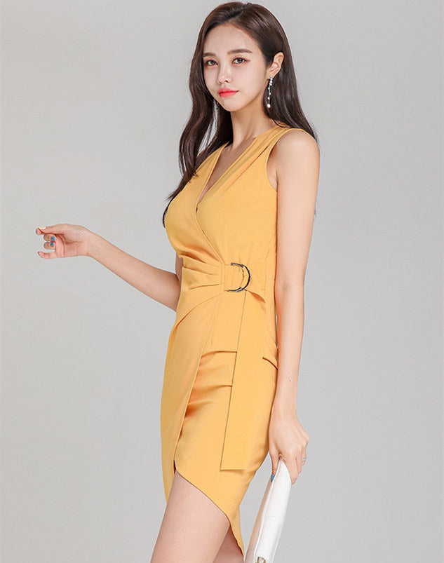 CM-DF073019 Women Casual Seoul Style V-Neck Buckle Fitted Waist Tank Dress - Yellow