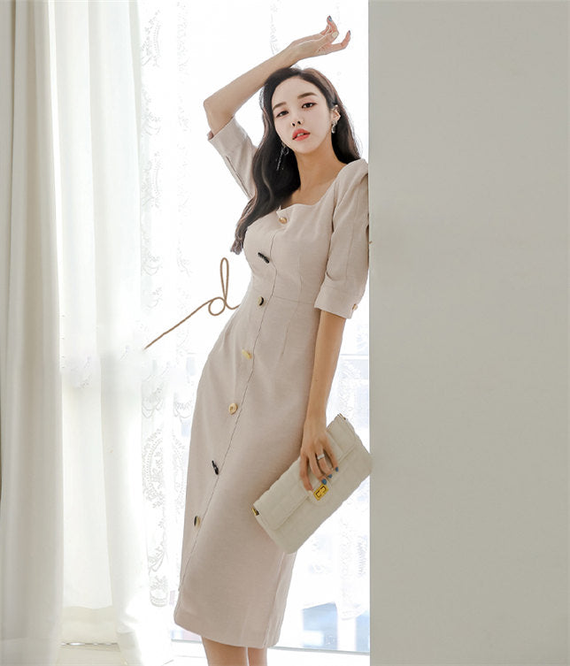 CM-DF073118 Women Casual Seoul Style Square Collar Single-Breasted Bodycon Dress