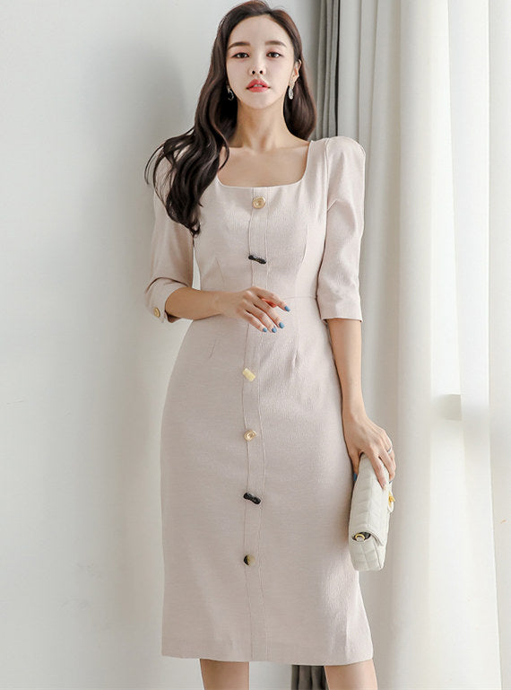 CM-DF073118 Women Casual Seoul Style Square Collar Single-Breasted Bodycon Dress