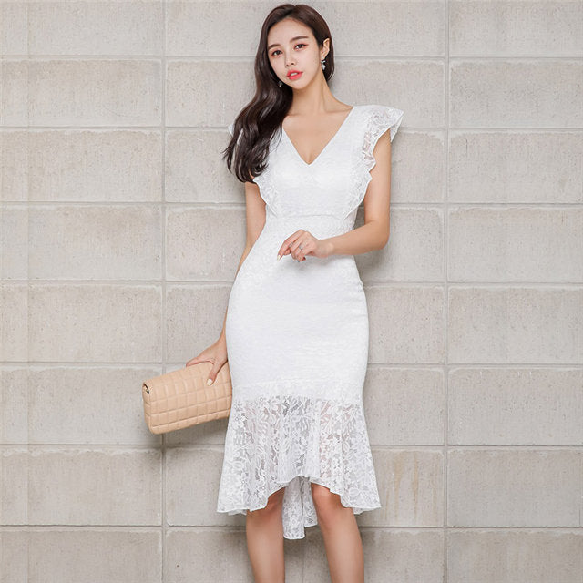 CM-DF080103 Women Elegant Seoul Style Flouncing V-Neck Fishtail Lace Slim Dress