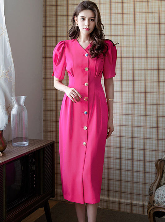 CM-DF080105 Women Casual Seoul Style Single-Breasted V-Neck Slim Long Dress