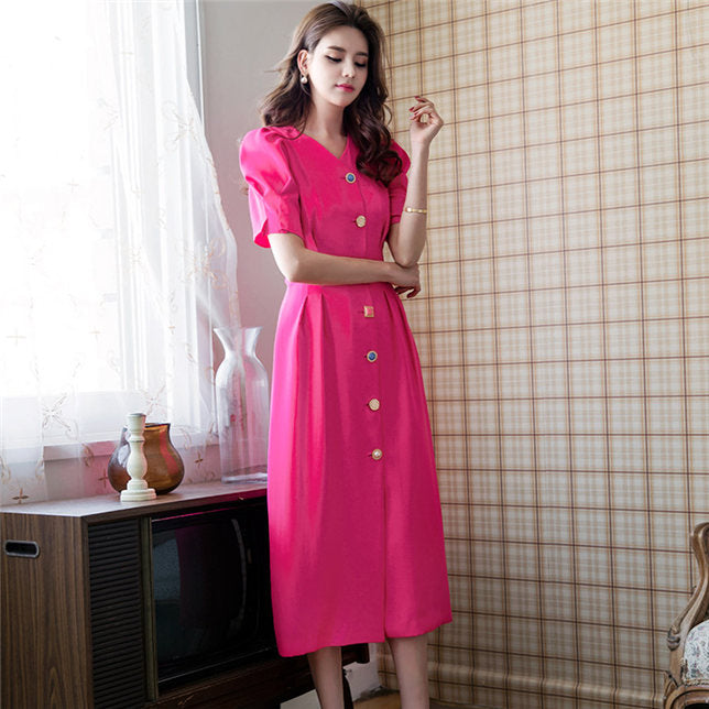 CM-DF080105 Women Casual Seoul Style Single-Breasted V-Neck Slim Long Dress