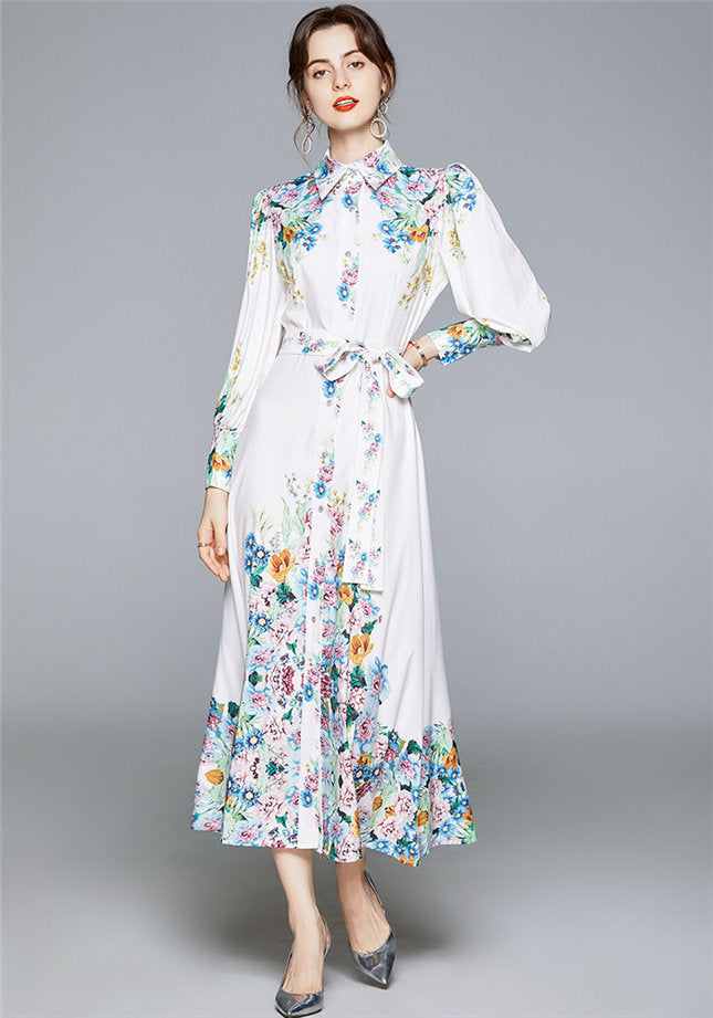 CM-DF080122 Women Elegant European Style Puff Sleeve Floral Loosen Maxi Dress