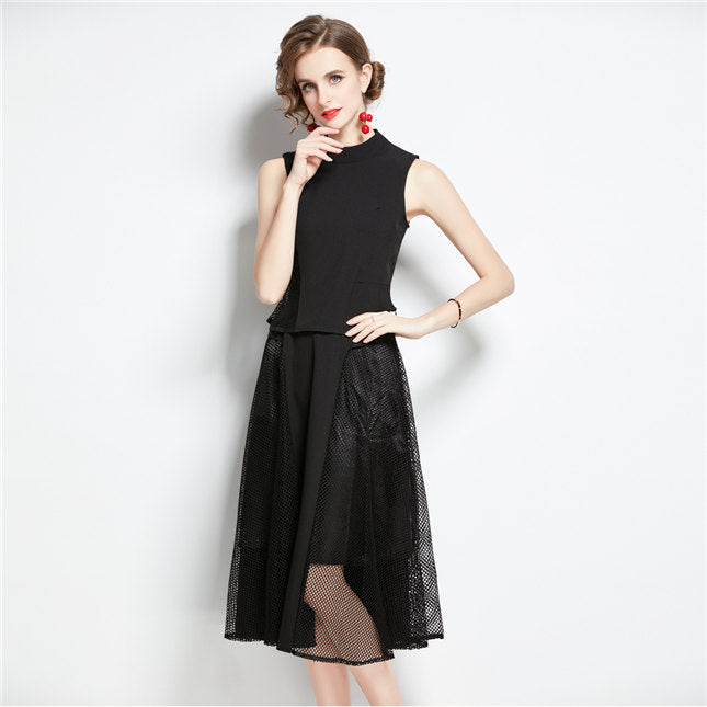 CM-SF080215 Women Elegant European Style Gauze Hollow Out Tank Dress Set