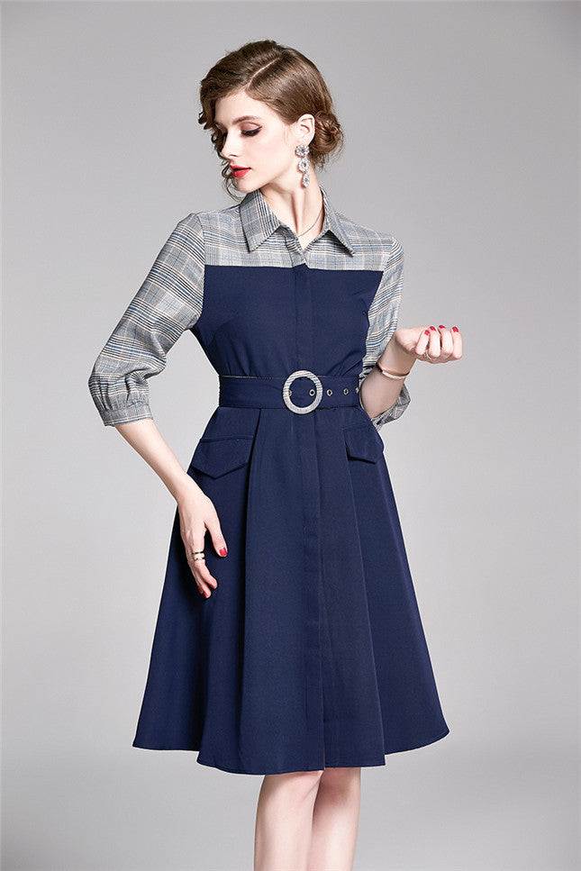 CM-DF080411 Women Casual European Style Plaids Shirt Collar Belt Waist A-Line Dress