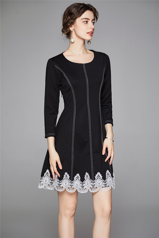 CM-DF080415 Women Casual European Style Round Neck Lace Splicing Long Sleeve Dress