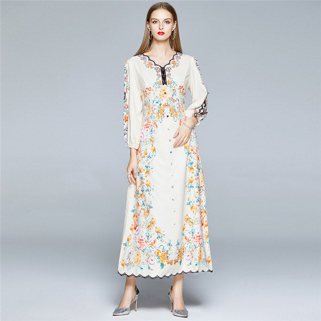 CM-DF080417 Women Retro European Style V-Neck Single-Breasted Floral Long Dress