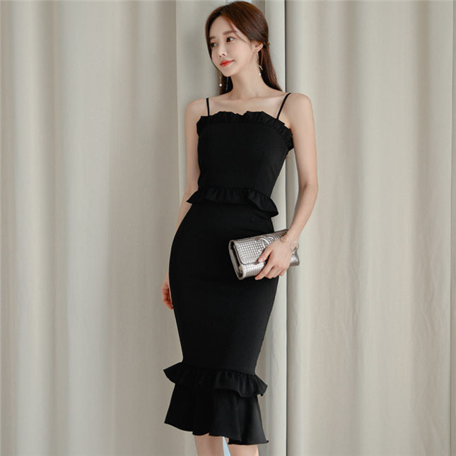 CM-DF080508 Women Elegant Seoul Style High Waist Flouncing Fishtail Straps Dress - Black