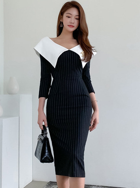 CM-DF080512 Women Casual Seoul Style Wraps V-Neck Stripes Slim Dress - Black