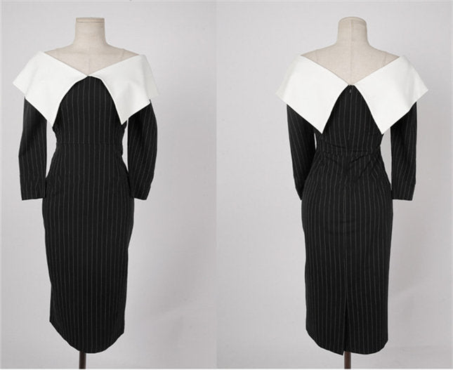 CM-DF080512 Women Casual Seoul Style Wraps V-Neck Stripes Slim Dress - Black