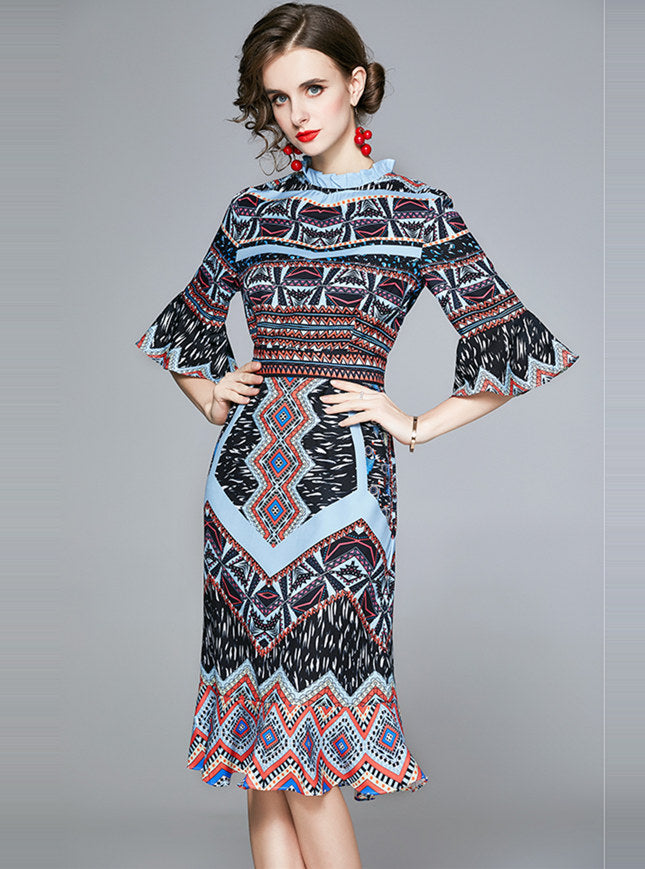 CM-DF080707 Women Retro European Style Flare Sleeve Floral Fishtail Slim Dress