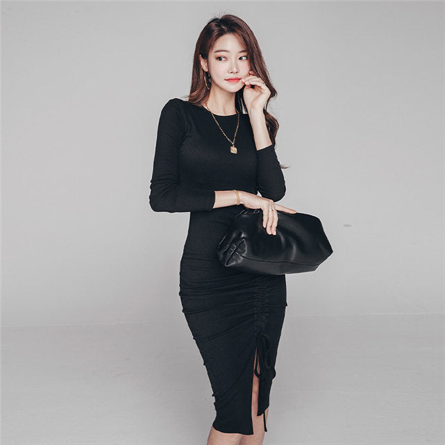 CM-DF081005 Women Casual Seoul Style Drawstring Pleated Skinny Dress - Black