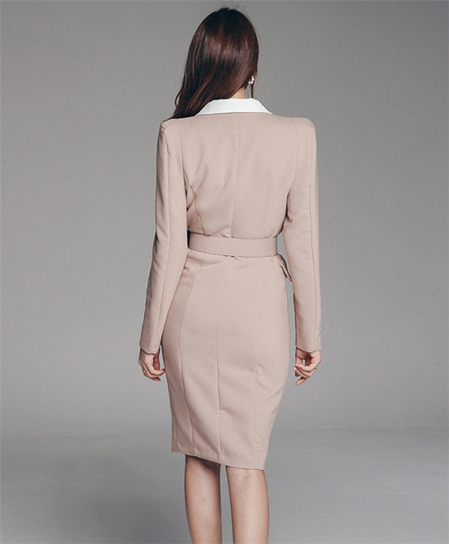 CM-DF081006 Women Elegant Seoul Style V-Neck Single-breasted Slim Dress - Apricot