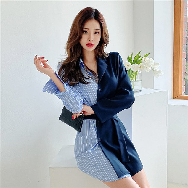 CM-DF081007 Women Casual Seoul Style Long Sleeve Stripes Loosen Dress - Blue