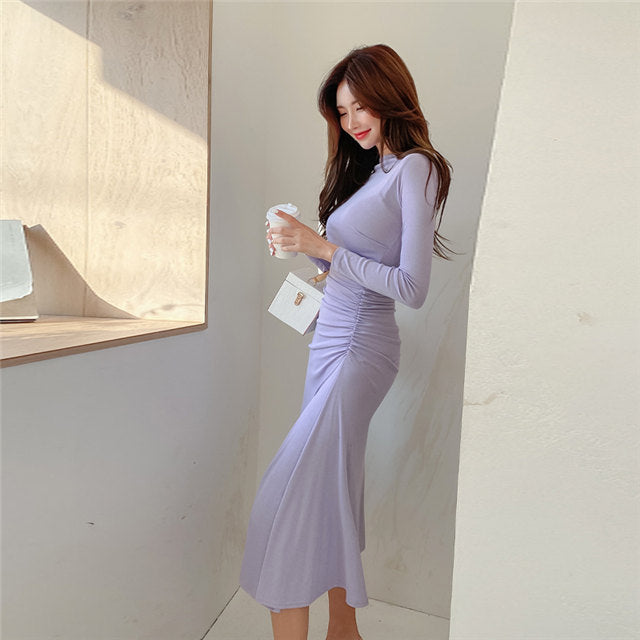 CM-DF081009 Women Casual Seoul Style Pleated Waist Long Sleeve A-Line Dress - Purple