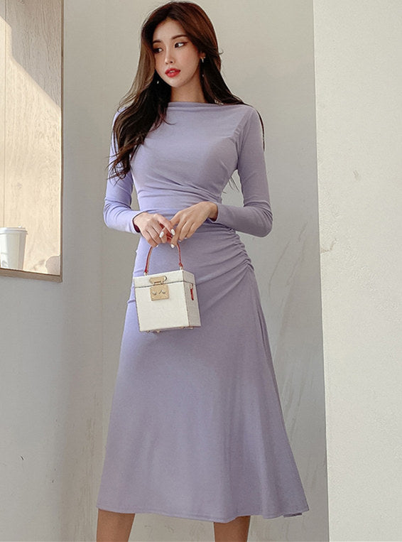 CM-DF081009 Women Casual Seoul Style Pleated Waist Long Sleeve A-Line Dress - Purple