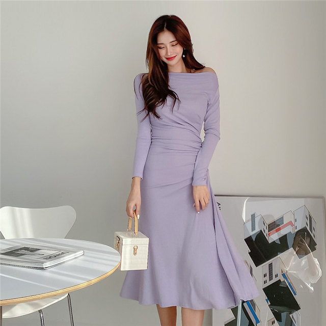 CM-DF081009 Women Casual Seoul Style Pleated Waist Long Sleeve A-Line Dress - Purple