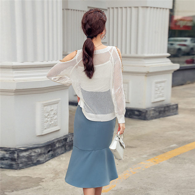 CM-SF081019 Women Casual Seoul Style Off Shoulder Knit Tops With Fishtail Skirt - Set