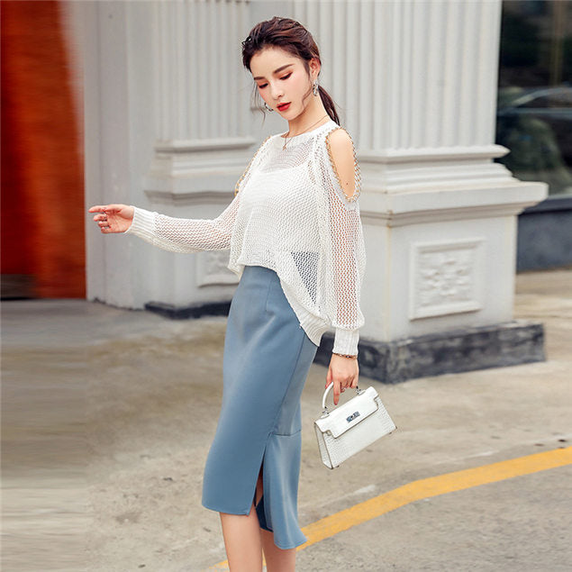 CM-SF081019 Women Casual Seoul Style Off Shoulder Knit Tops With Fishtail Skirt - Set