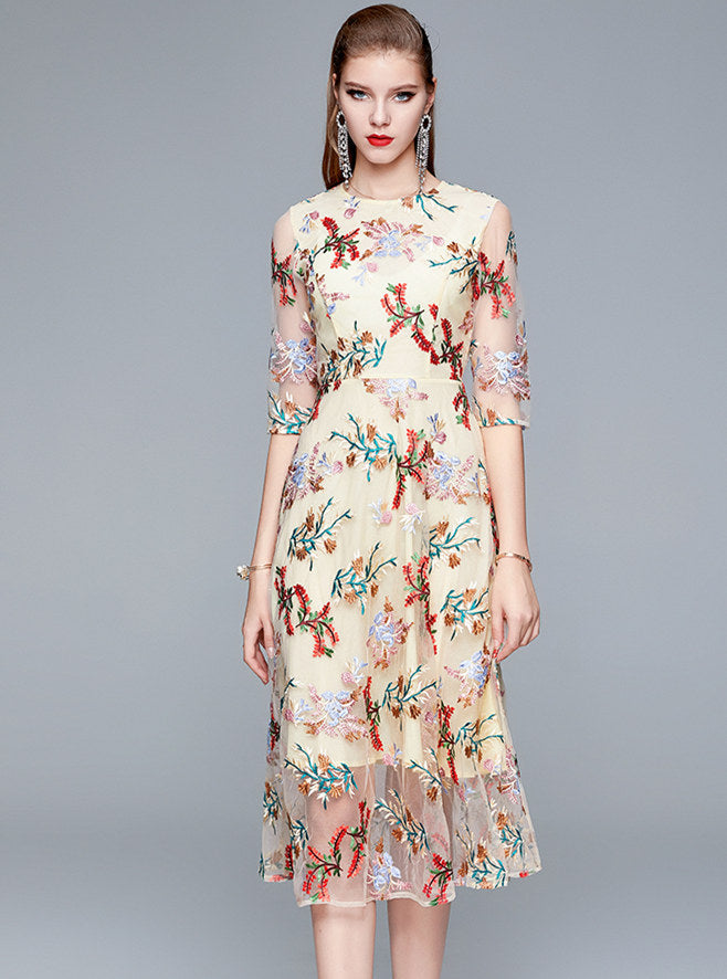 CM-DF081202 Women Elegant European Style High Waist Floral Embroidery A-Line Dress - Apricot