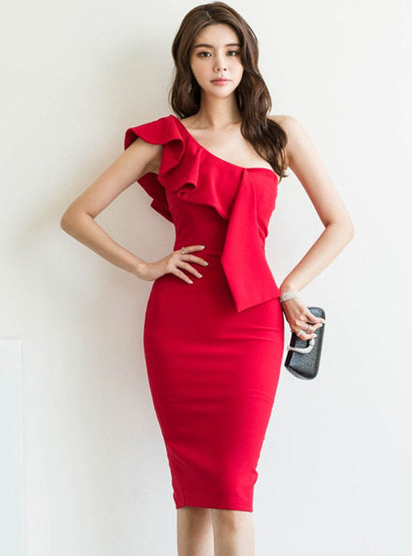 CM-DF081216 Women Elegant Seoul Style Flouncing Off Shoulder Slim Dress (Available in 2 colors)
