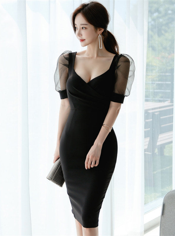 CM-DF081217 Women Elegant Seoul Style Low Bust Gauze Sleeve Bodycon Dress - Black