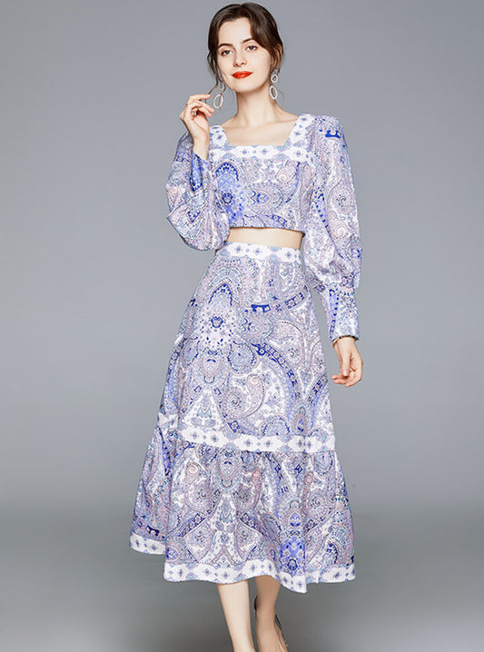 CM-SF081301 Women Charming European Style High Waist Floral Puff Sleeve Dress Set