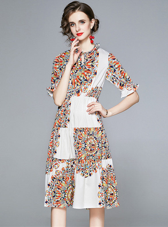 CM-DF081302 Women Trendy Bohemian Style Elastic Waist Floral Long Dress
