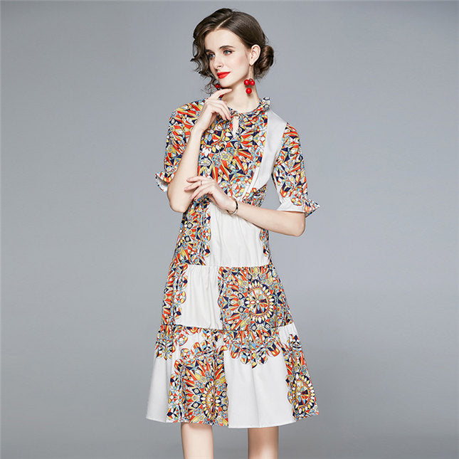 CM-DF081302 Women Trendy Bohemian Style Elastic Waist Floral Long Dress