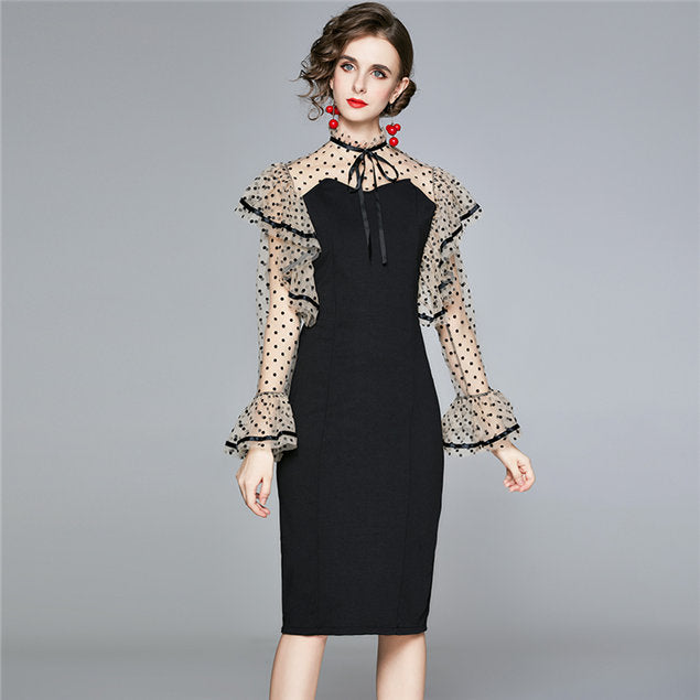 CM-DF081307 Women Retro Charming European Style Flouncing Gauze Dots Sleeve Slim Dress