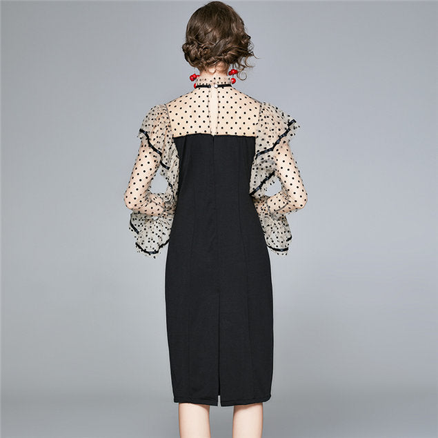 CM-DF081307 Women Retro Charming European Style Flouncing Gauze Dots Sleeve Slim Dress