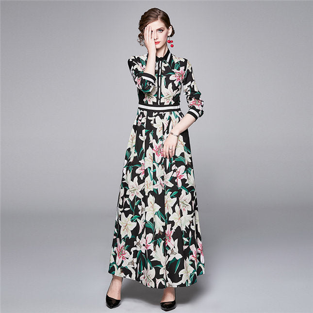 CM-DF081313 Women Charming European Style High Waist Floral Shirt Maxi Dress