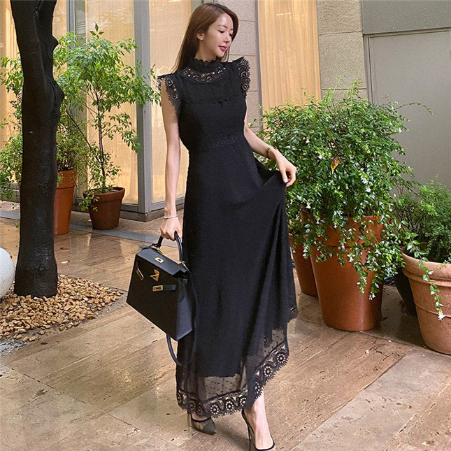 CM-DF081603 Women Elegant Seoul Style High Waist Lace Splicing Tank Long Dress - Black