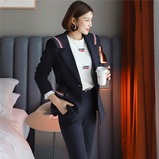 CM-SF081609 Women Elegant Seoul Style Stripes Tailored Collar Thick Leisure Suits - Set