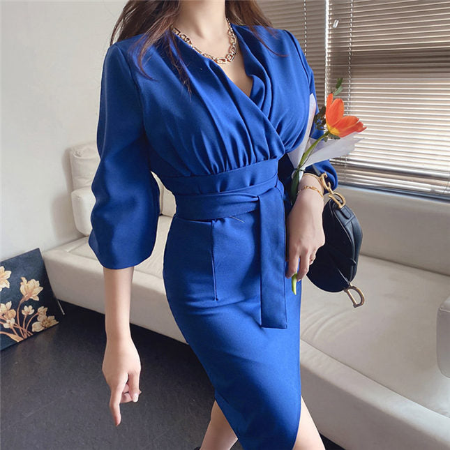 CM-DF081620 Women Casual Seoul Style Tie Waist V-Neck Bodycon Puff Sleeve Dress - Blue