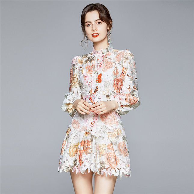 CM-DF081703 Women Elegant European Style Single-Breasted Hollow Out Floral Dress