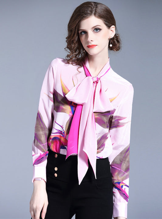 CM-TF081711 Women Casual Seoul Style Long Sleeve Tie Collar Floral Loosen Blouse - Pink