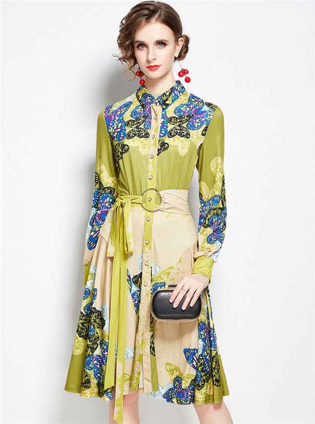 CM-DF081718 Women Retro European Style Single-Breasted Tie Waist Butterfly Dress - Green